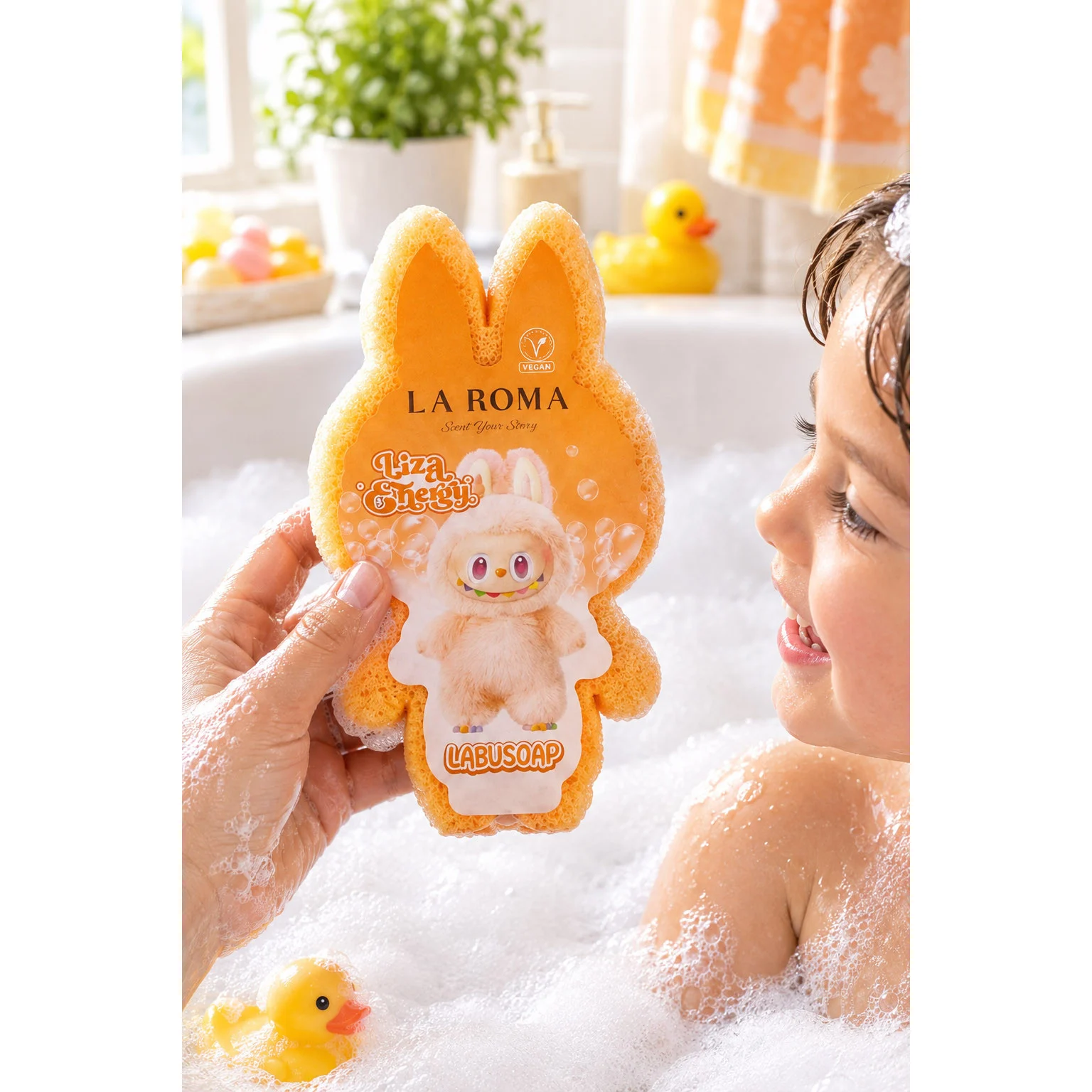 Burete de baie pentru copii La Roma Lulu's Sponge, aroma citrice, cu sapun vegan integrat, combinatie placuta de prospetime si note fructate, 110g, 12-13cm, portocaliu deschis – imagine 2