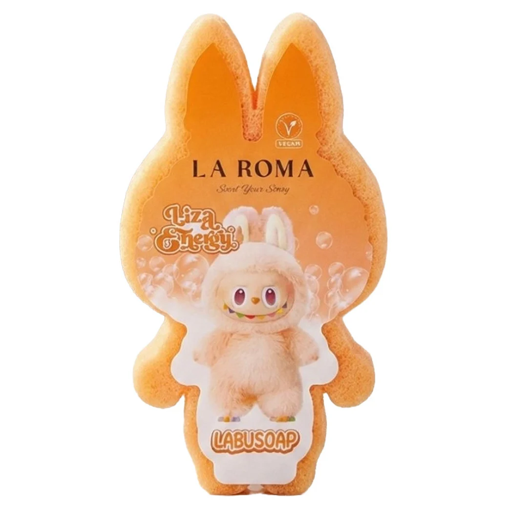 Burete de baie pentru copii La Roma Lulu's Sponge, aroma citrice, cu sapun vegan integrat, combinatie placuta de prospetime si note fructate, 110g, 12-13cm, portocaliu deschis – imagine 3