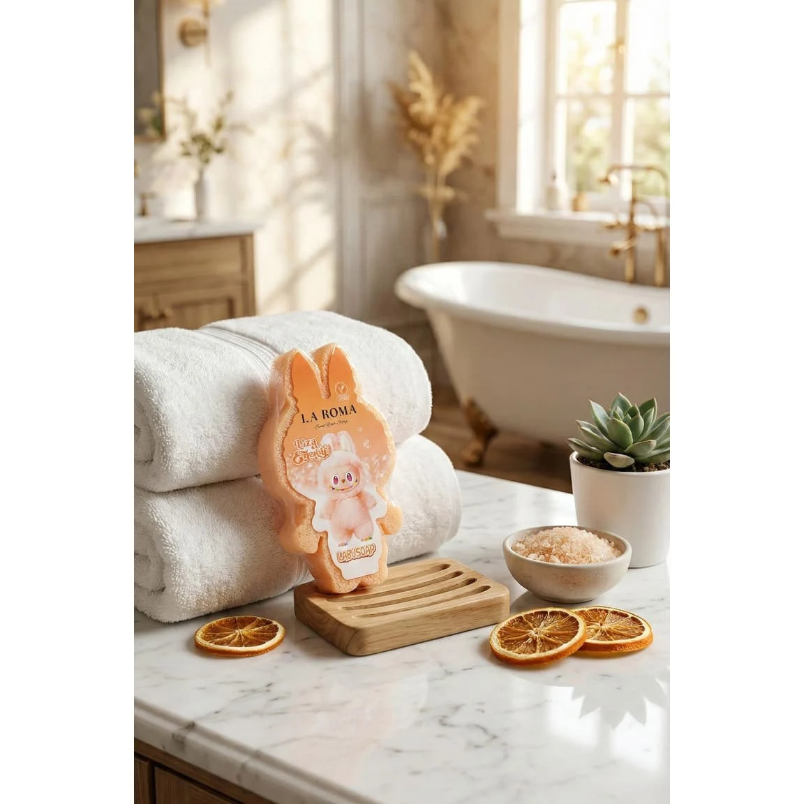 Burete de baie pentru copii La Roma Lulu's Sponge, aroma citrice, cu sapun vegan integrat, combinatie placuta de prospetime si note fructate, 110g, 12-13cm, portocaliu deschis – imagine 5