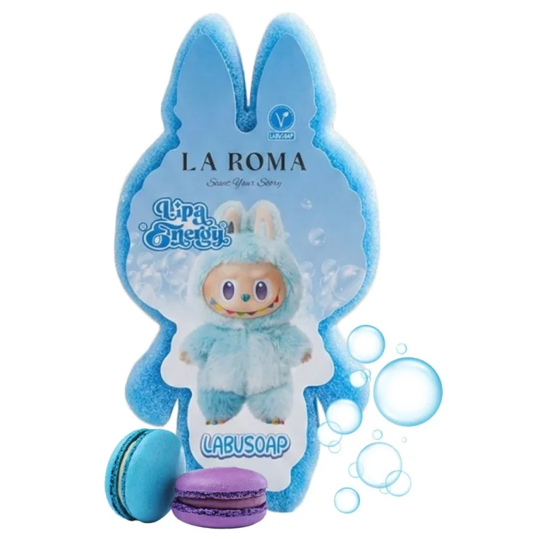 Burete de baie pentru copii La Roma Lulu's Sponge, aroma afine si flori, cu sapun vegan integrat, arome dulci, parfumate si reconfortante, 110g, 12-13cm, albastru deschis