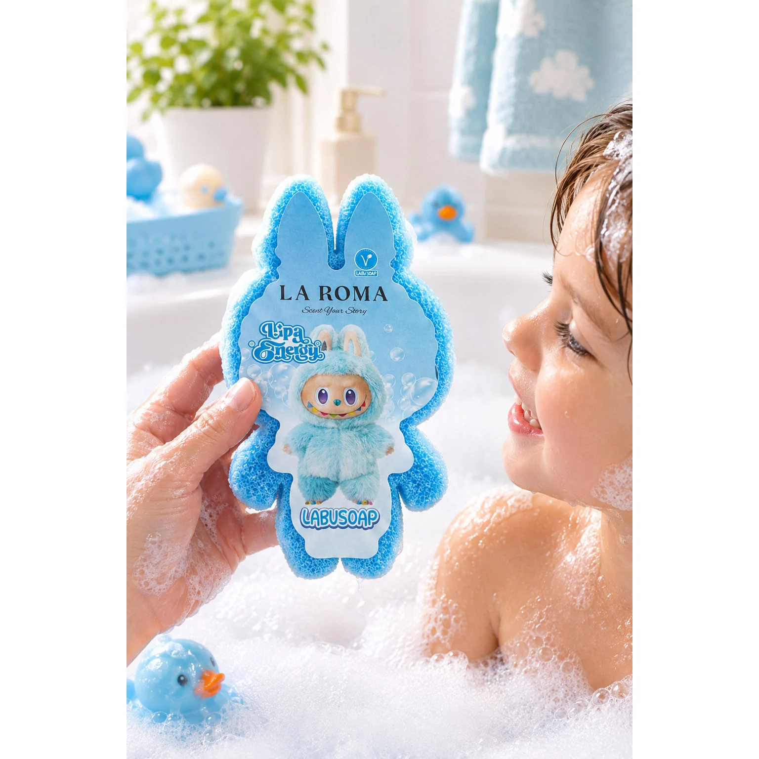 Burete de baie pentru copii La Roma Lulu's Sponge, aroma afine si flori, cu sapun vegan integrat, arome dulci, parfumate si reconfortante, 110g, 12-13cm, albastru deschis – imagine 2