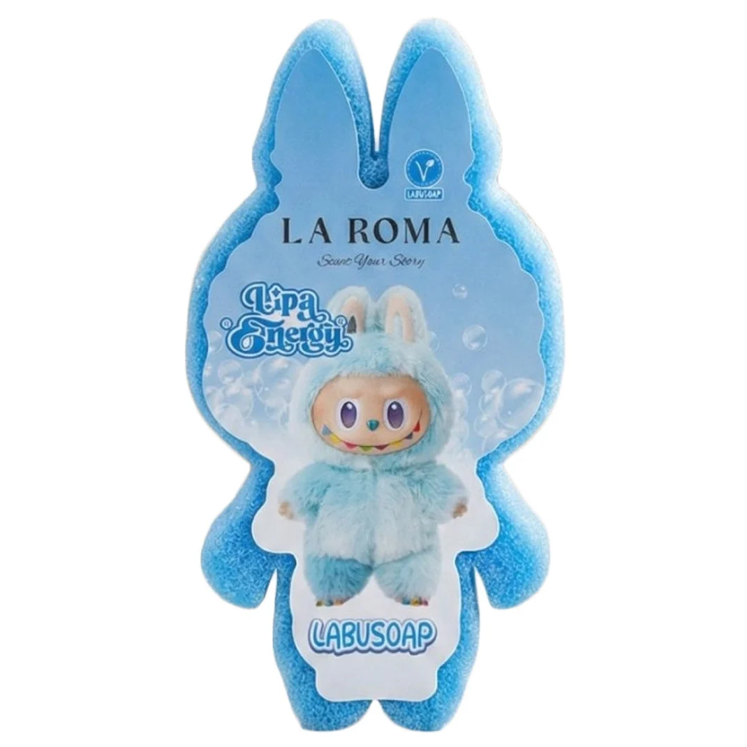 Burete de baie pentru copii La Roma Lulu's Sponge, aroma afine si flori, cu sapun vegan integrat, arome dulci, parfumate si reconfortante, 110g, 12-13cm, albastru deschis – imagine 4