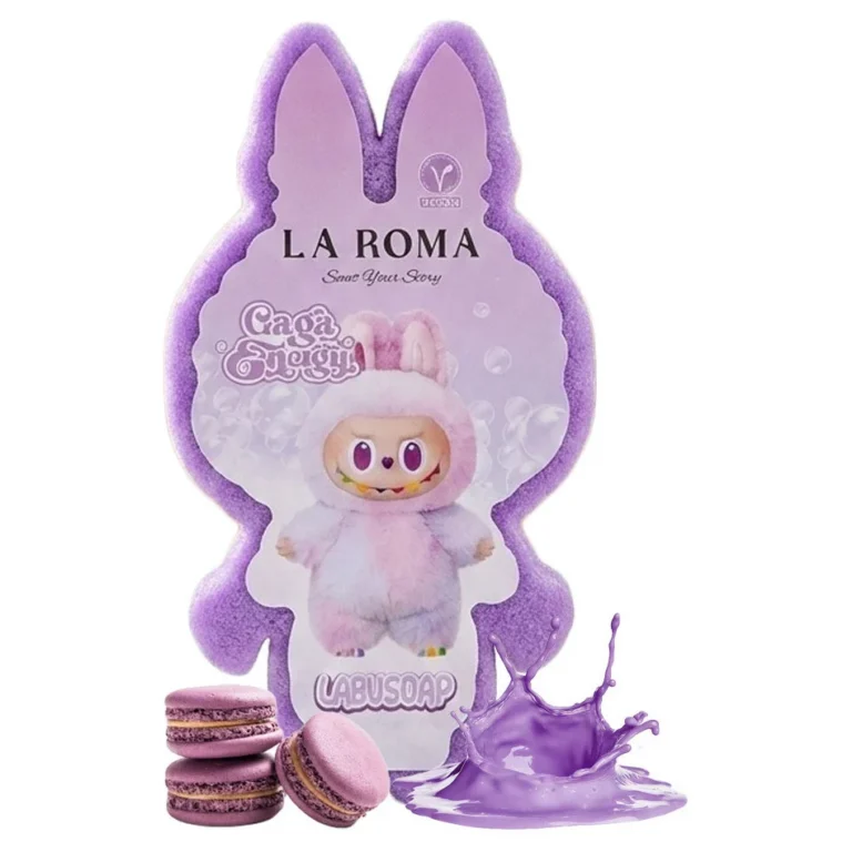 Burete de baie pentru copii La Roma Lulu's Sponge, aroma afine, cu sapun vegan integrat, note gurmande, dulci si fructate, 110g, 12-13cm, mov deschis