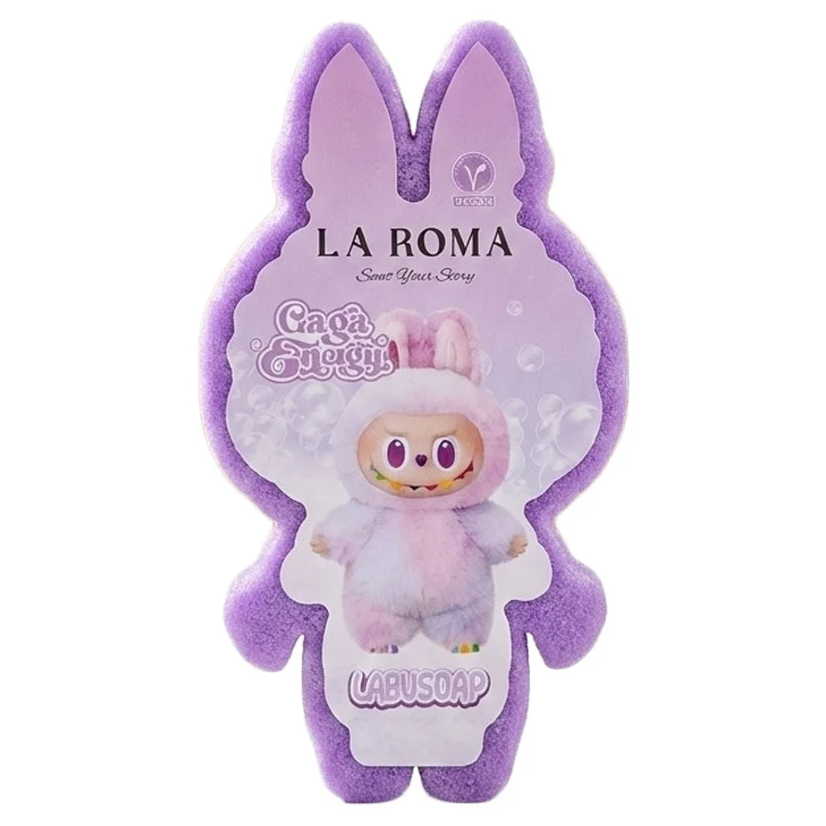 Burete de baie pentru copii La Roma Lulu's Sponge, aroma afine, cu sapun vegan integrat, note gurmande, dulci si fructate, 110g, 12-13cm, mov deschis – imagine 4