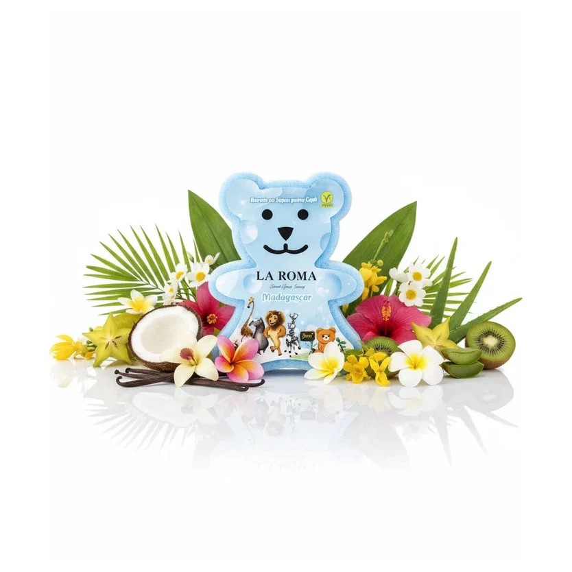 Burete de baie pentru copii La Roma Madagascar Sponge, forma ursulet, cu sapun vegan integrat, nota fresh, usor marina si tropicala, 150g, 9-12 cm, baby blue – imagine 2