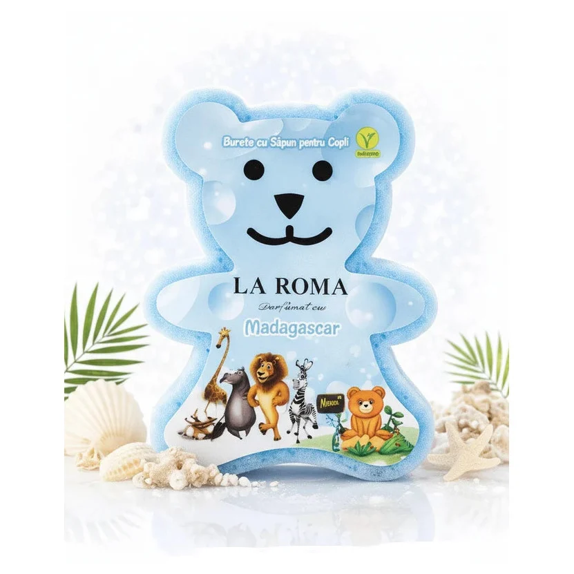 Burete de baie pentru copii La Roma Madagascar Sponge, forma ursulet, cu sapun vegan integrat, nota fresh, usor marina si tropicala, 150g, 9-12 cm, baby blue – imagine 3