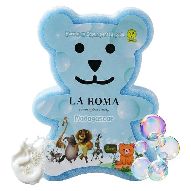 Burete de baie pentru copii La Roma Madagascar Sponge, forma ursulet, cu sapun vegan integrat, nota fresh, usor marina si tropicala, 150g, 9-12 cm, baby blue