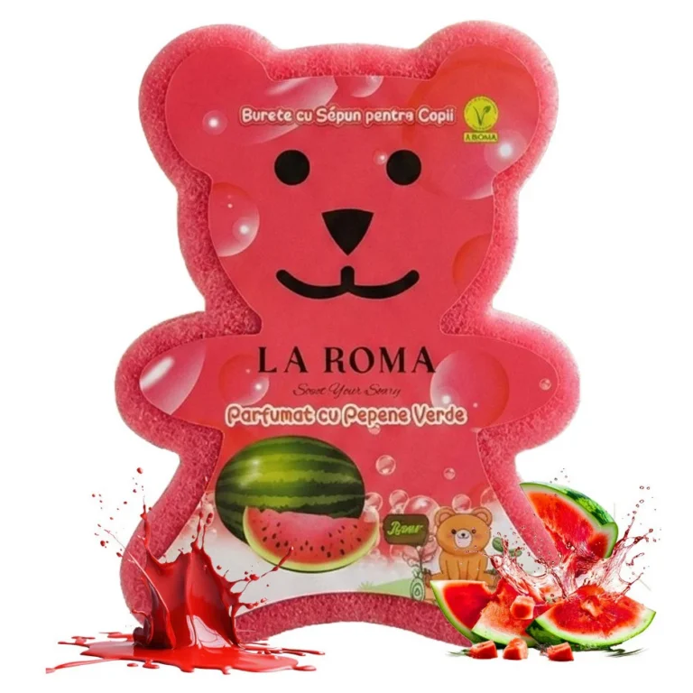 Burete de baie pentru copii La Roma Pepene Sponge, forma ursulet, cu sapun vegan integrat, senzatie de prospetine si buna dispozitie, 150g, 9-12 cm, rosu aprins