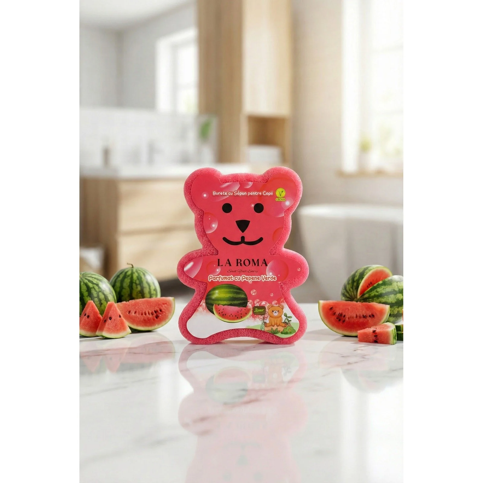 Burete de baie pentru copii La Roma Pepene Sponge, forma ursulet, cu sapun vegan integrat, senzatie de prospetine si buna dispozitie, 150g, 9-12 cm, rosu aprins – imagine 3