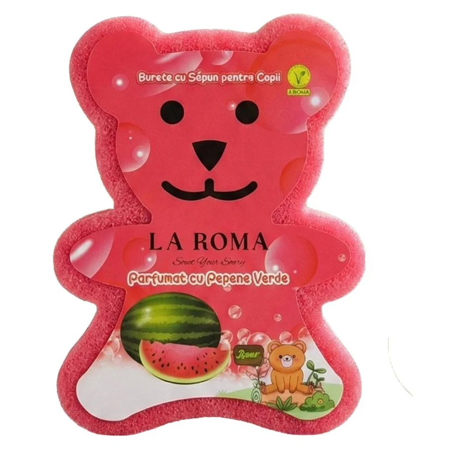 Burete de baie pentru copii La Roma Pepene Sponge, forma ursulet, cu sapun vegan integrat, senzatie de prospetine si buna dispozitie, 150g, 9-12 cm, rosu aprins – imagine 4