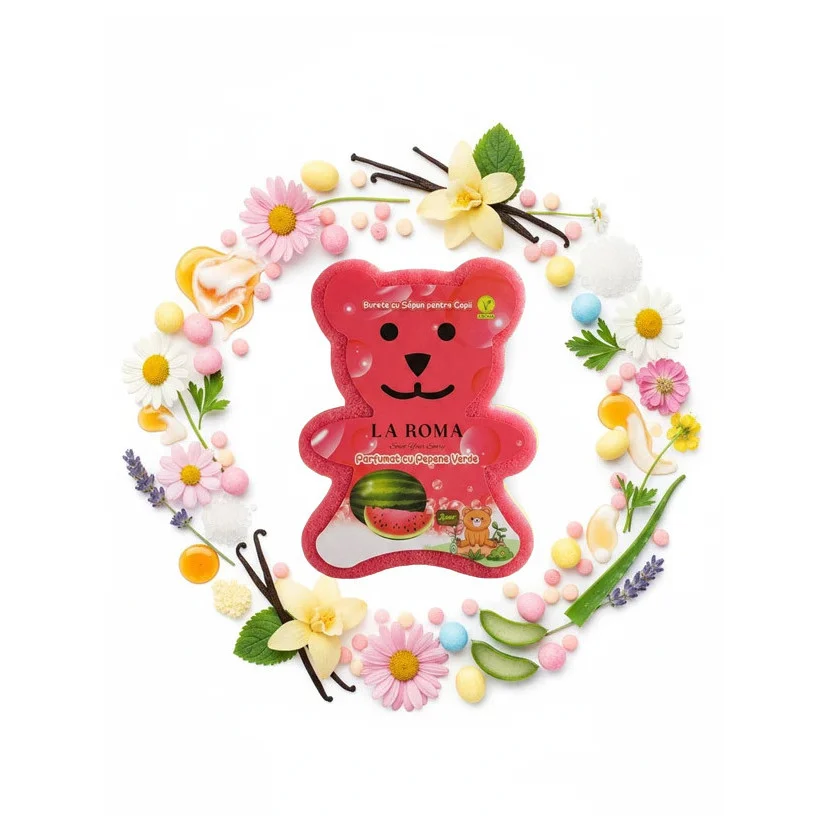Burete de baie pentru copii La Roma Pepene Sponge, forma ursulet, cu sapun vegan integrat, senzatie de prospetine si buna dispozitie, 150g, 9-12 cm, rosu aprins – imagine 5