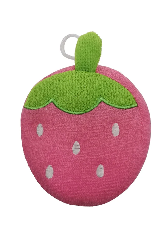 Burete de baie StrawberryBath, forma capsuna, cu 2 fete, microfibra si in, efect exfoliant, 10 cm, roz, Doty®️