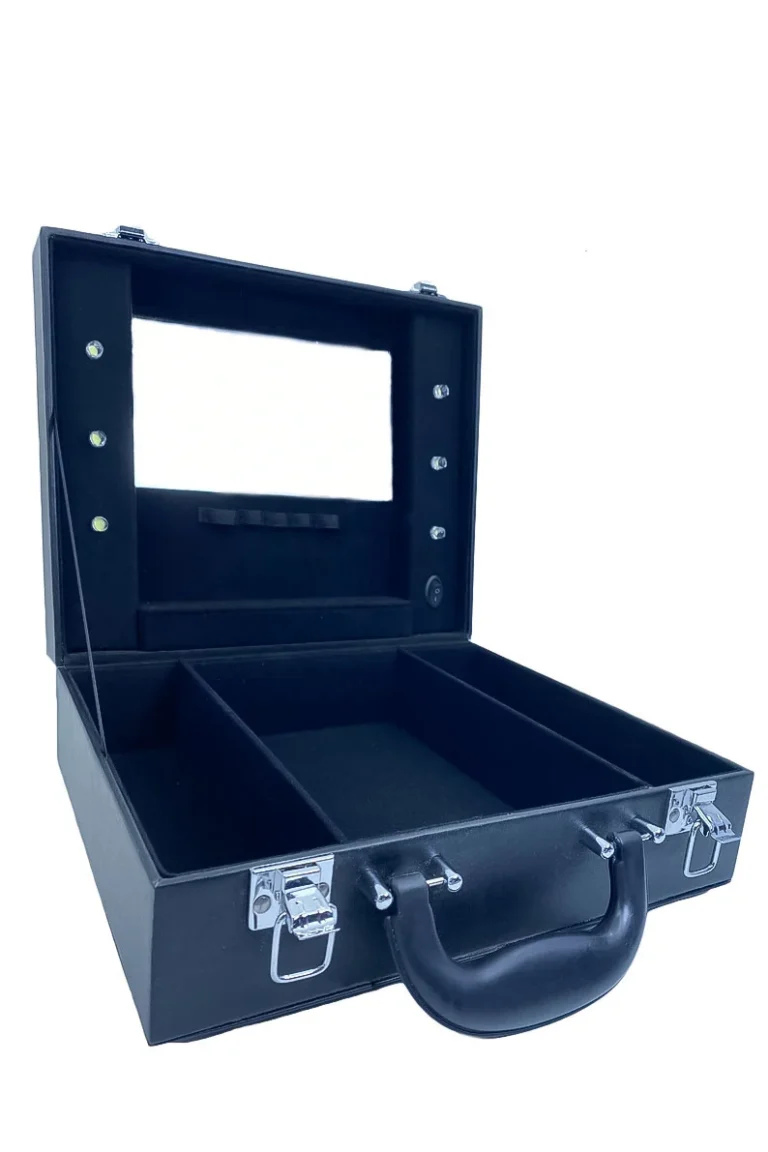 Cutie de organizare machiaj MakeUp Case,iluminata LED,piele ecologica, 29x24 cm , spatii depozitare, oglinda interioara, negru, Doty
