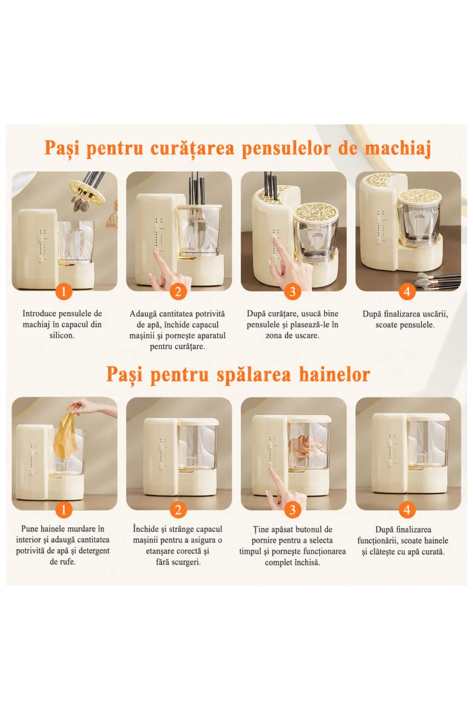 Dispozitiv 2 in 1 de curatare PureWash Duo Doty®, eficienta unei mini masini de spalat + statie dedicata curatarii pensulelor de machiaj, usor de utilizat, portabil – prezentarea produsului