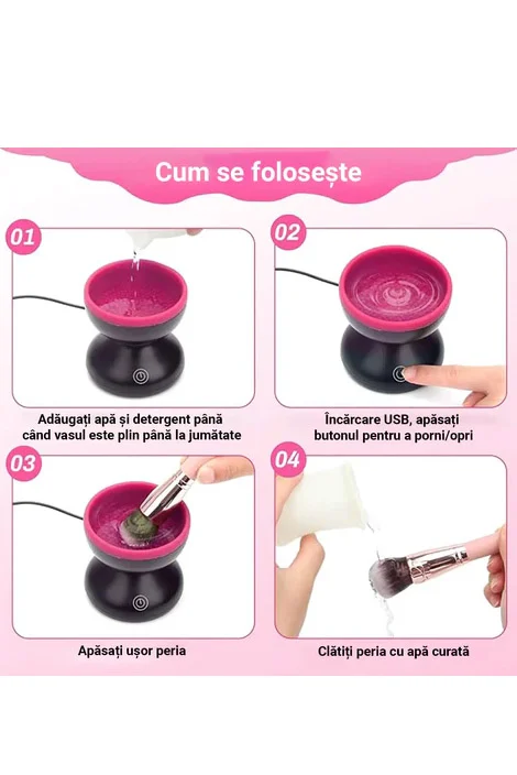 Dispozitiv electric pentru curatarea pensulelor de machiaj MakeUpOnPoint Doty®, silicon interior cu striatii, USB inclus, negru/roz – imagine 4