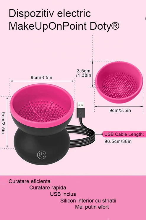 Dispozitiv electric pentru curatarea pensulelor de machiaj MakeUpOnPoint Doty®, silicon interior cu striatii, USB inclus, negru/roz – imagine 5