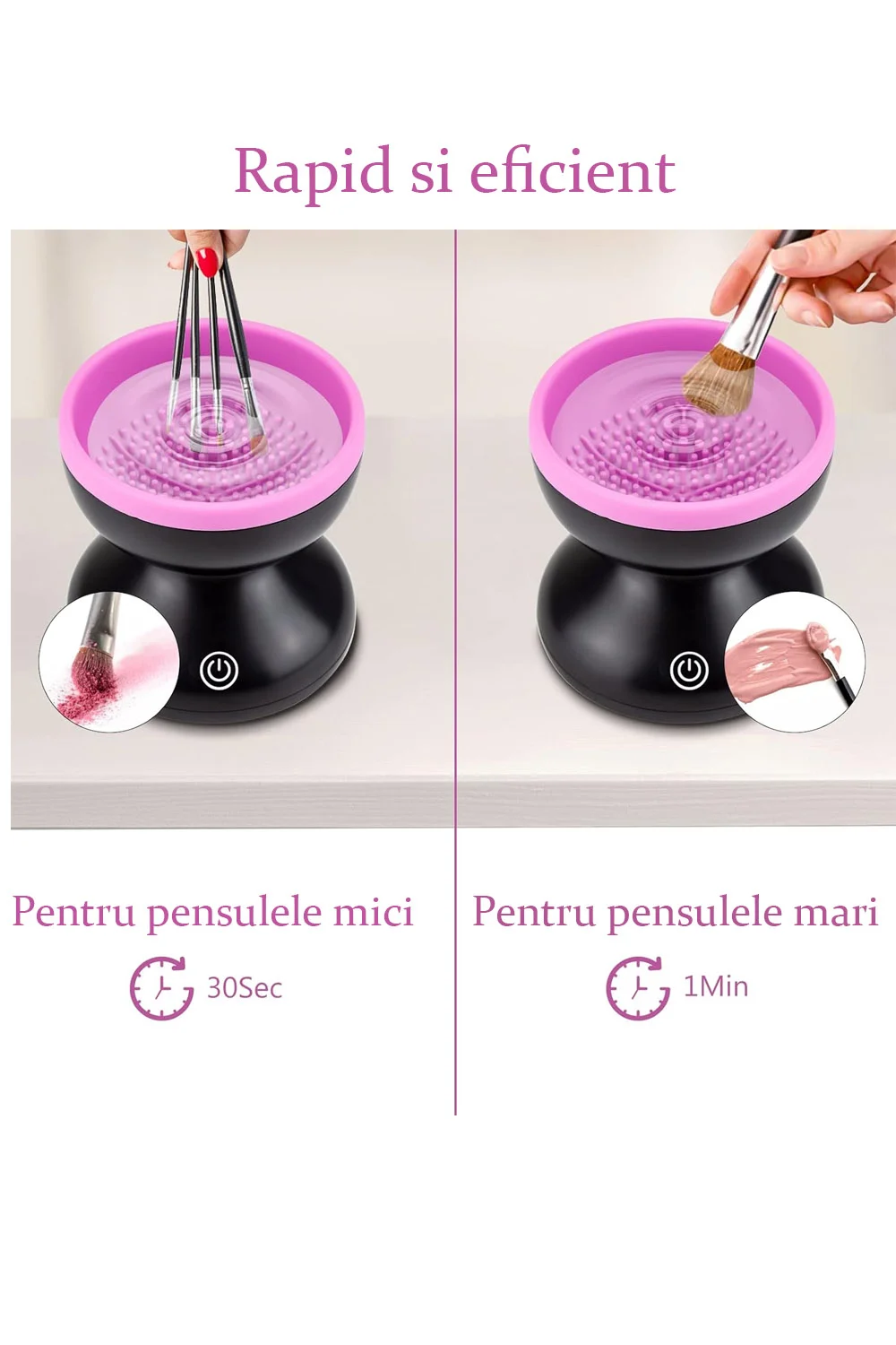 Dispozitiv electric pentru curatarea pensulelor de machiaj MakeUpOnPoint Doty®, silicon interior cu striatii, USB inclus, negru/roz – imagine 6