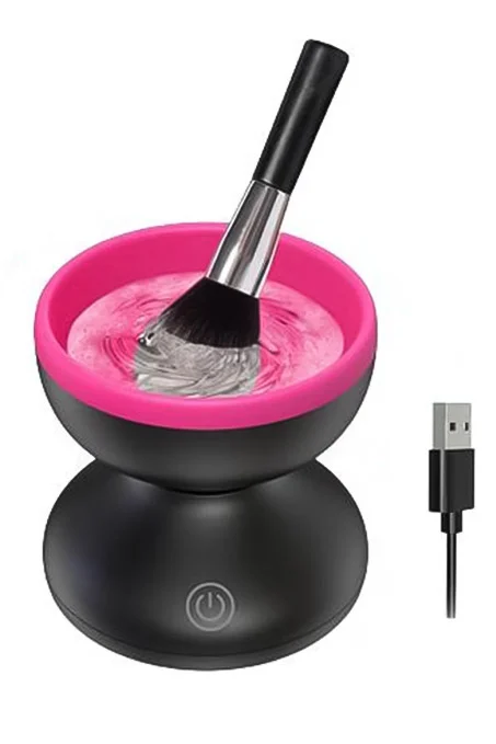 Dispozitiv electric pentru curatarea pensulelor de machiaj MakeUpOnPoint Doty®, silicon interior cu striatii, USB inclus, negru/roz