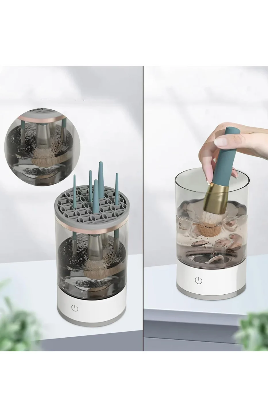 Dispozitiv electric pentru curatarea si uscarea pensulelor de machiaj Clean&Beauty Doty®, USB inclus, spala mai multe pensule simulatan, cu ultrasunete, alb cu accente aurii – prezentarea produsului