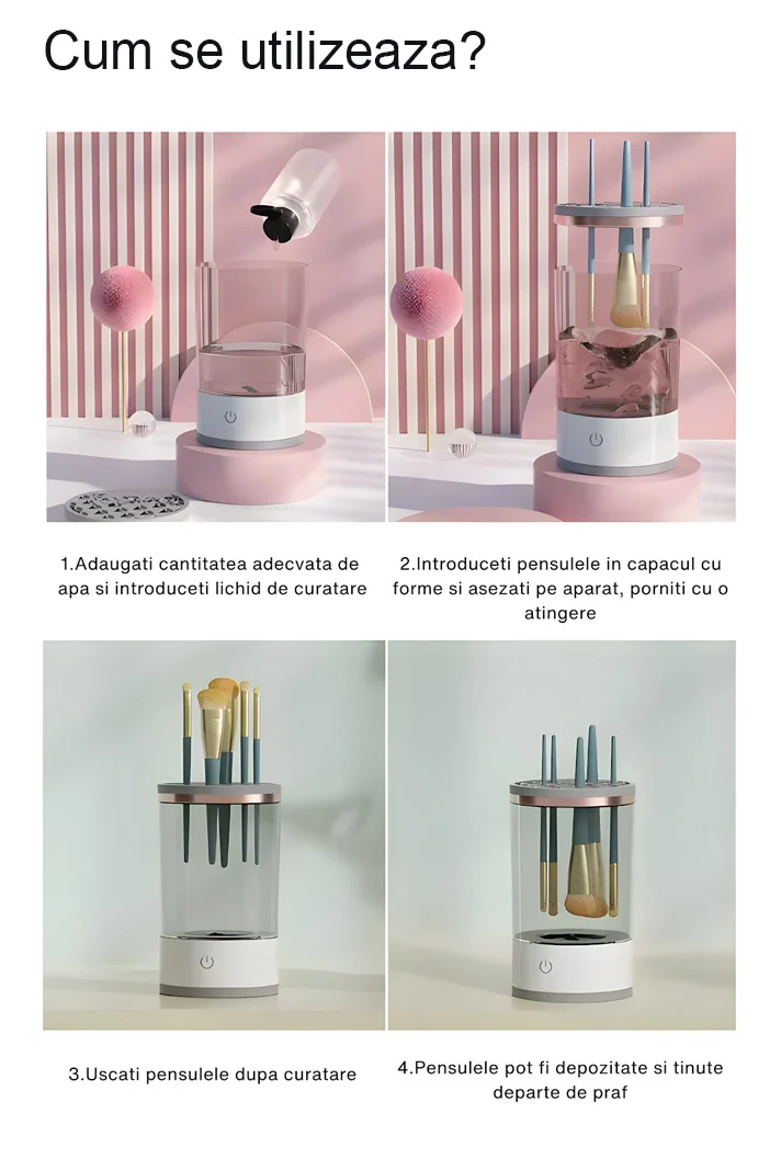 Dispozitiv electric pentru curatarea si uscarea pensulelor de machiaj Clean&Beauty Doty®, USB inclus, spala mai multe pensule simulatan, cu ultrasunete, alb cu accente aurii – prezentarea produsului
