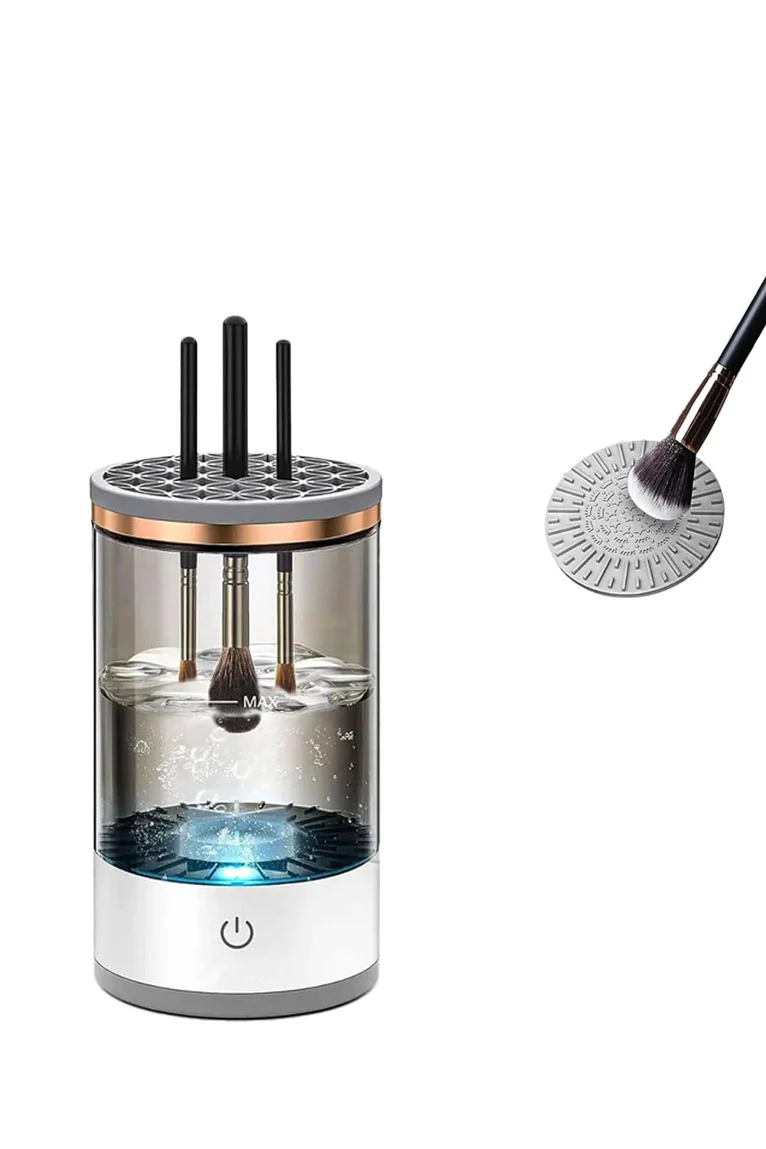 Dispozitiv electric pentru curatarea si uscarea pensulelor de machiaj Clean&Beauty Doty®, USB inclus, spala mai multe pensule simulatan, cu ultrasunete, alb cu accente aurii – imagine 2