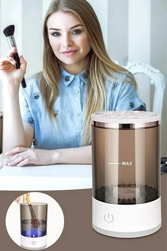 Dispozitiv electric pentru curatarea si uscarea pensulelor de machiaj Clean&Beauty Doty®, USB inclus, spala mai multe pensule simulatan, cu ultrasunete, alb cu accente aurii – imagine 4