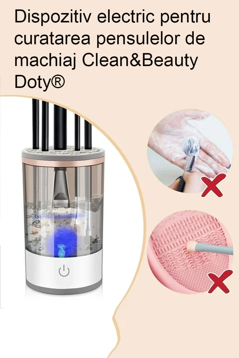Dispozitiv electric pentru curatarea si uscarea pensulelor de machiaj Clean&Beauty Doty®, USB inclus, spala mai multe pensule simulatan, cu ultrasunete, alb cu accente aurii – imagine 5