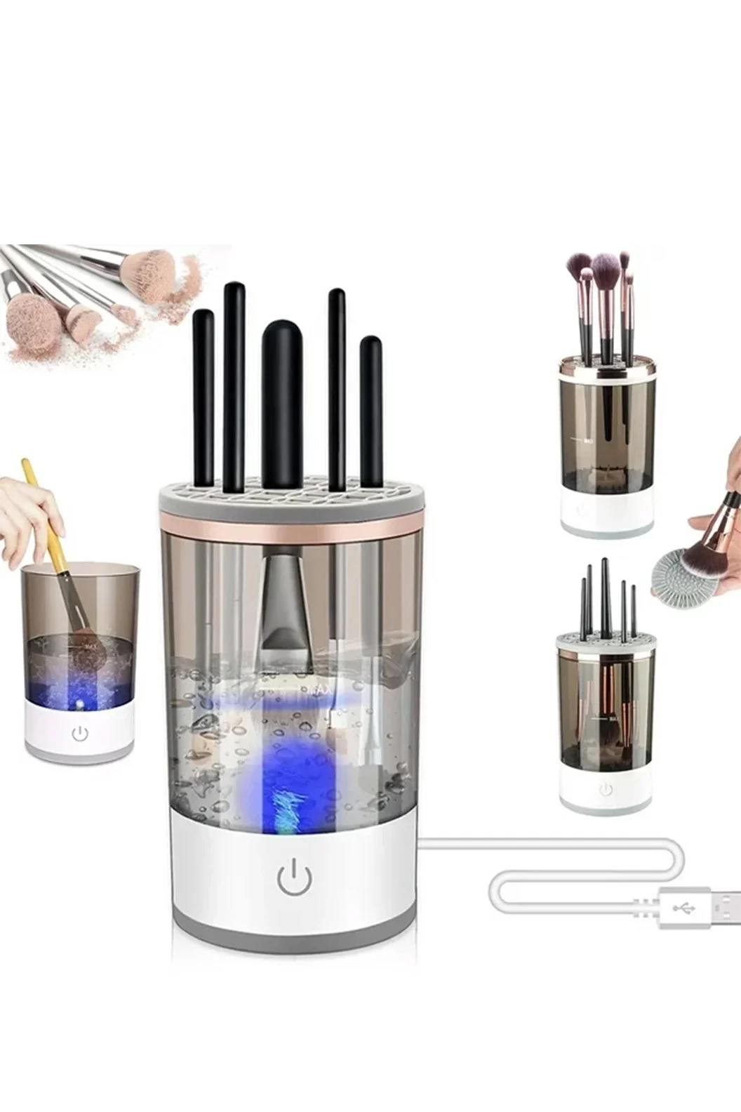 Dispozitiv electric pentru curatarea si uscarea pensulelor de machiaj Clean&Beauty Doty®, USB inclus, spala mai multe pensule simulatan, cu ultrasunete, alb cu accente aurii – imagine 6
