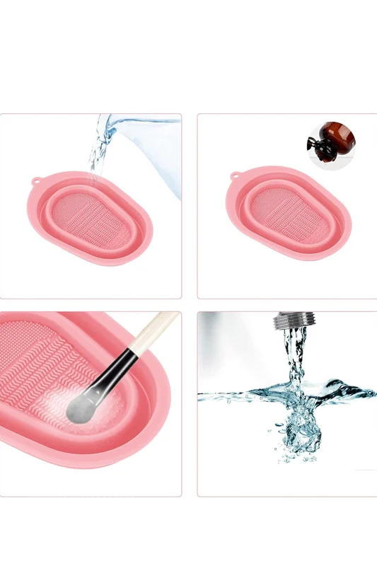 Dispozitiv manual de curatare pensule de machiaj BrushCleaner Basin Doty®, din silicon, cu 4 tipuri de striatii, tip cadita, portabil, pliabil, 15×10, roz pudra – prezentarea produsului