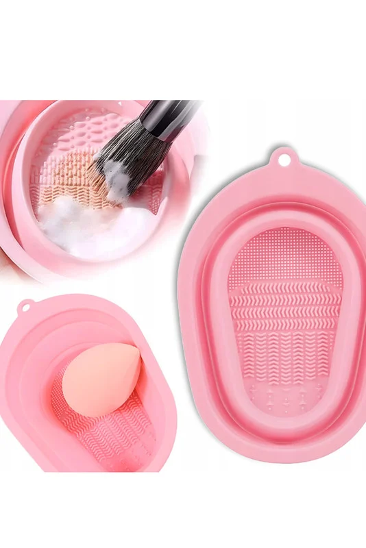 Dispozitiv manual de curatare pensule de machiaj BrushCleaner Basin Doty®, din silicon, cu 4 tipuri de striatii, tip cadita, portabil, pliabil, 15×10, roz pudra – prezentarea produsului