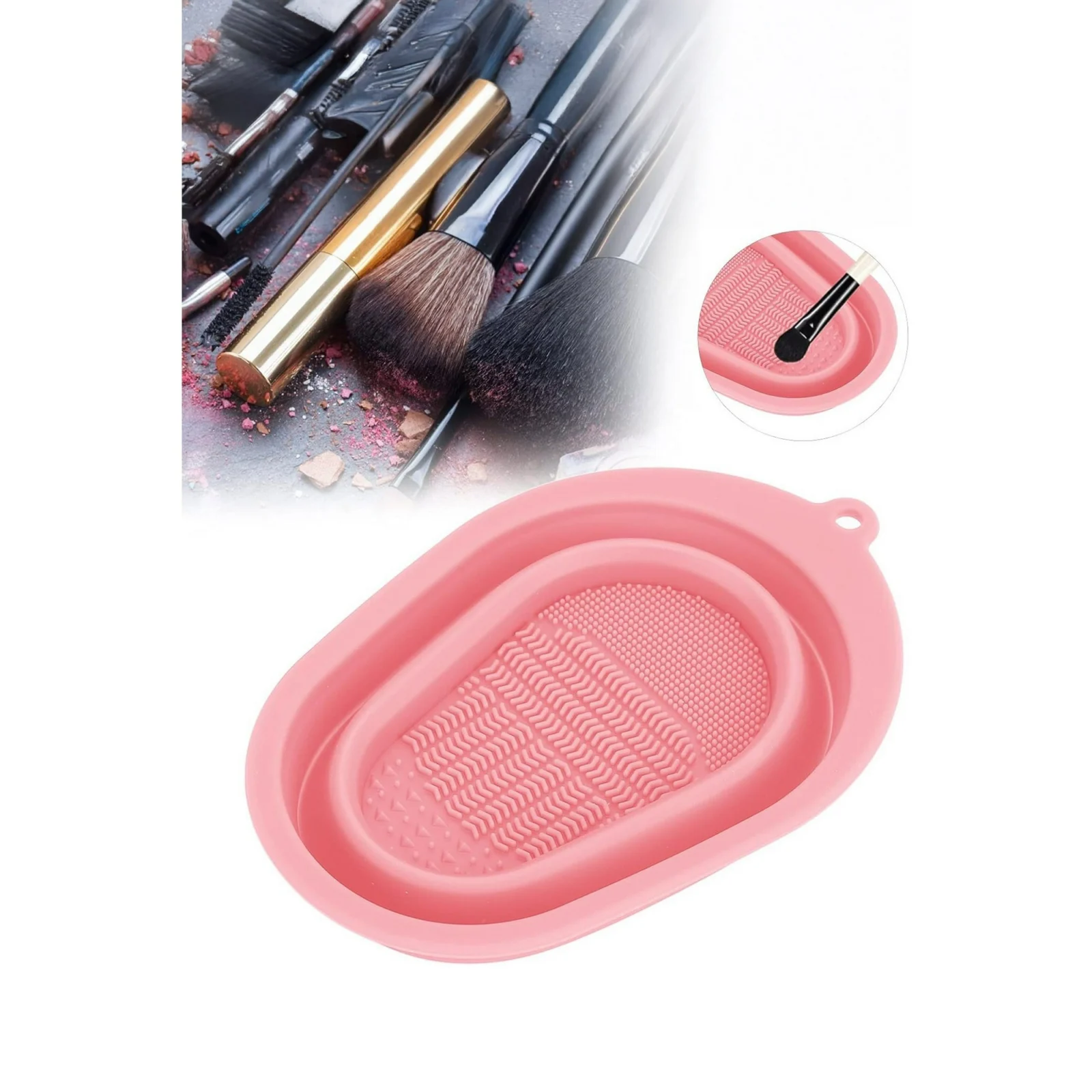 Dispozitiv manual de curatare pensule de machiaj BrushCleaner Basin Doty®, din silicon, cu 4 tipuri de striatii, tip cadita, portabil, pliabil, 15x10, roz pudra – imagine 2