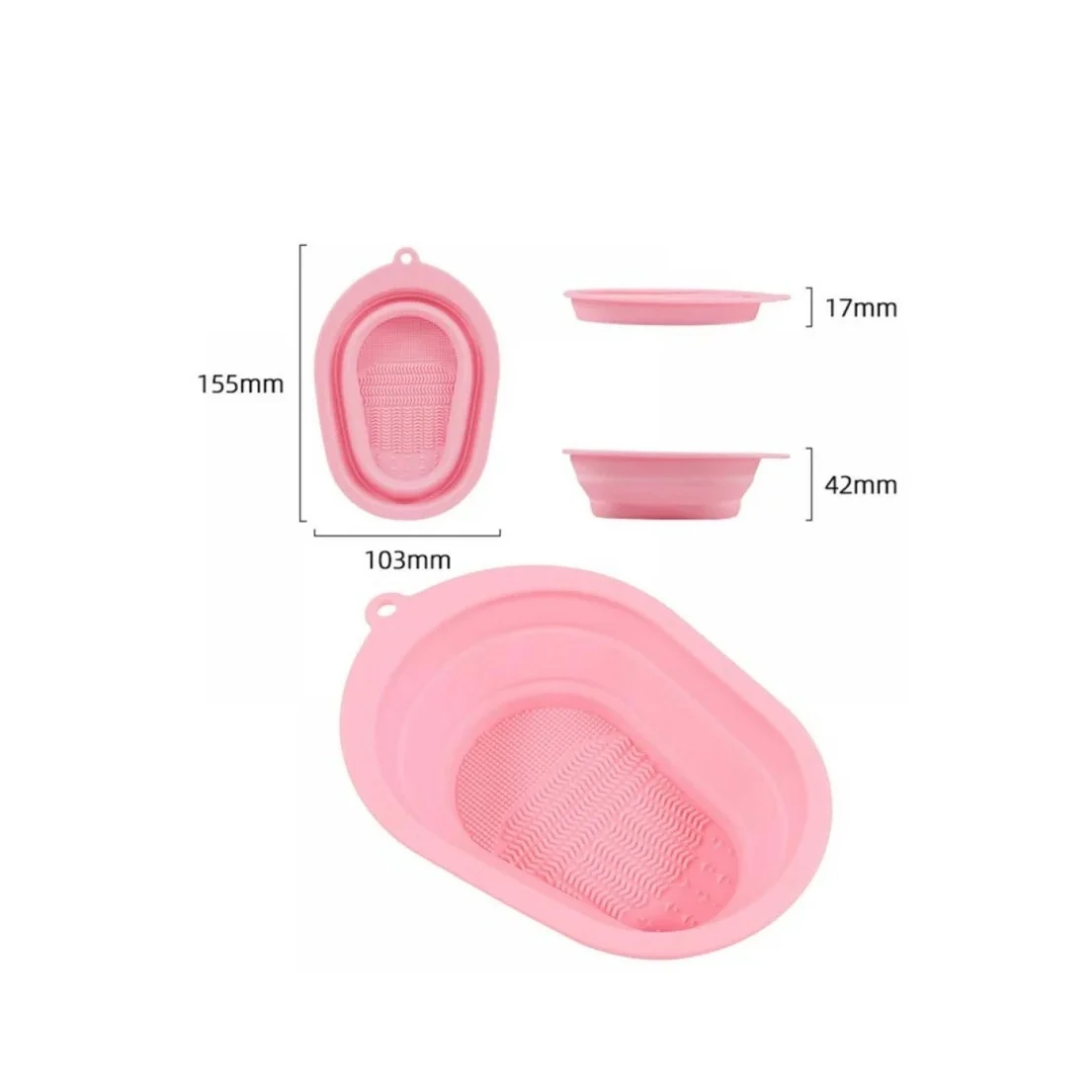 Dispozitiv manual de curatare pensule de machiaj BrushCleaner Basin Doty®, din silicon, cu 4 tipuri de striatii, tip cadita, portabil, pliabil, 15x10, roz pudra – imagine 3