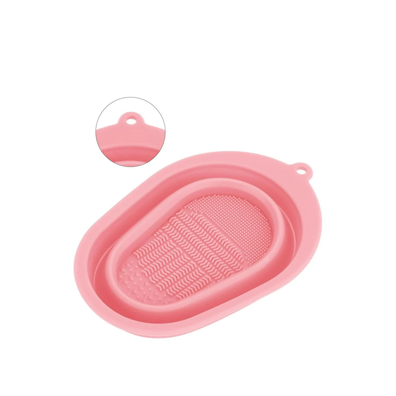 Dispozitiv manual de curatare pensule de machiaj BrushCleaner Basin Doty®, din silicon, cu 4 tipuri de striatii, tip cadita, portabil, pliabil, 15x10, roz pudra – imagine 4