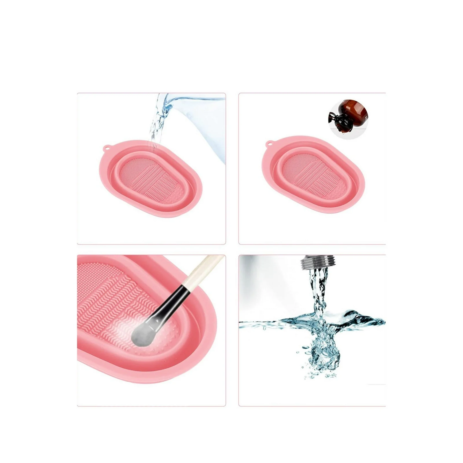 Dispozitiv manual de curatare pensule de machiaj BrushCleaner Basin Doty®, din silicon, cu 4 tipuri de striatii, tip cadita, portabil, pliabil, 15x10, roz pudra – imagine 6