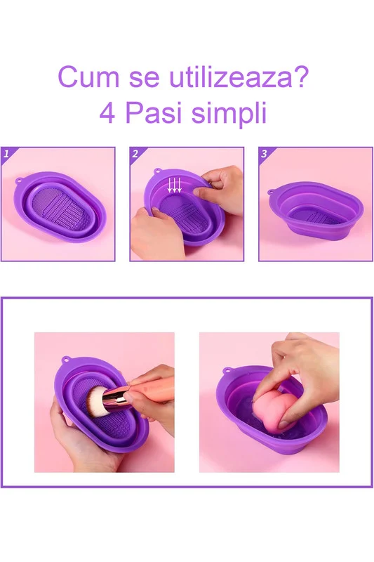 Dispozitiv manual de curatare pensule de machiaj BrushCleaner Basin Doty®, din silicon, cu 4 tipuri de striatii, tip cadita, portabil, pliabil, 15×10, mov – prezentarea produsului