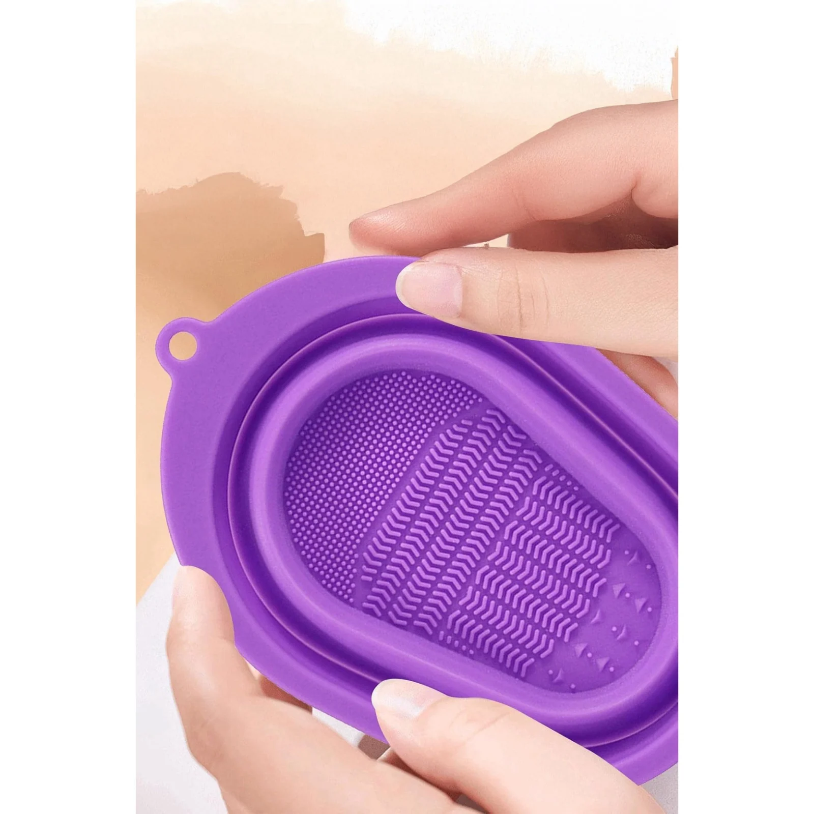 Dispozitiv manual de curatare pensule de machiaj BrushCleaner Basin Doty®, din silicon, cu 4 tipuri de striatii, tip cadita, portabil, pliabil, 15x10, mov – imagine 3
