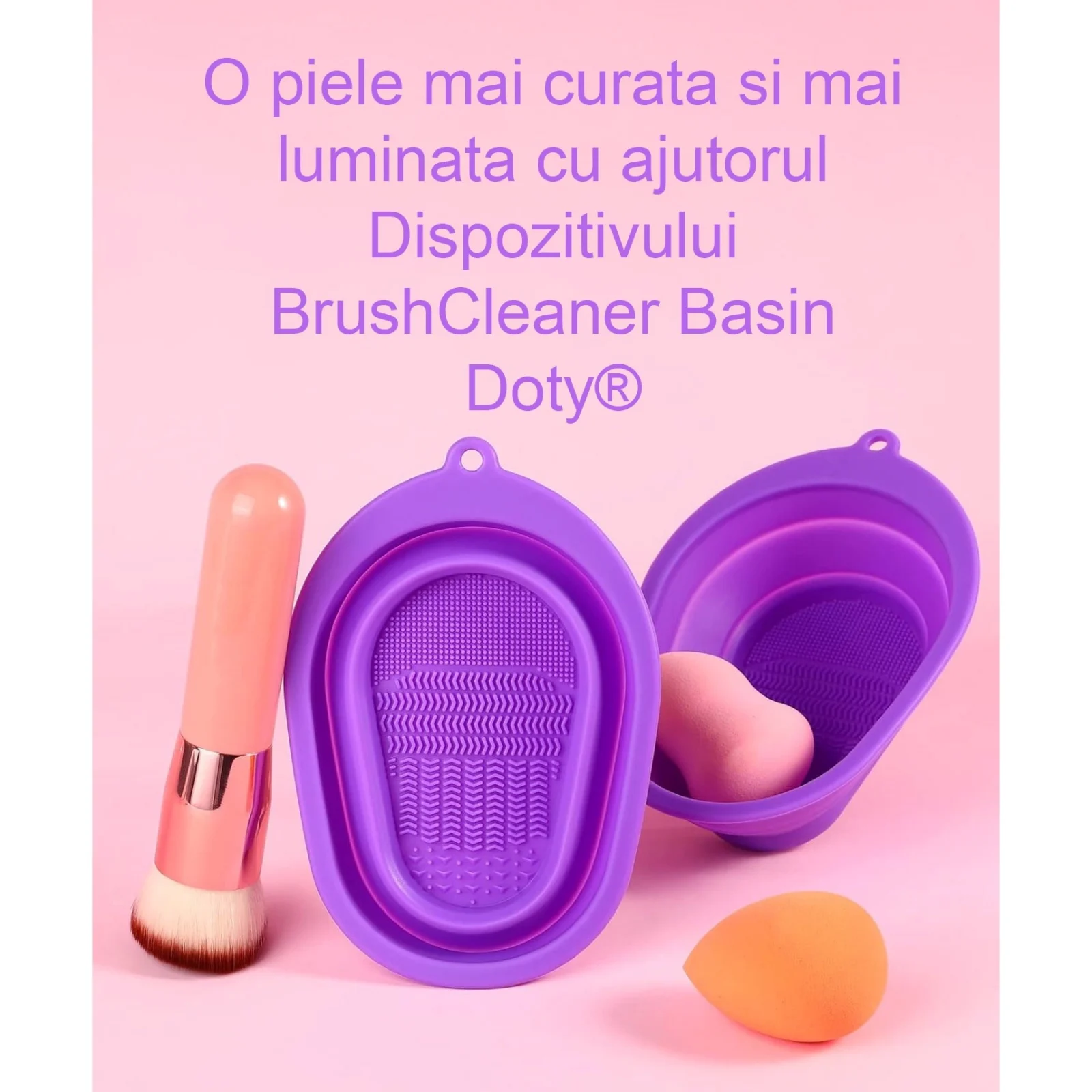 Dispozitiv manual de curatare pensule de machiaj BrushCleaner Basin Doty®, din silicon, cu 4 tipuri de striatii, tip cadita, portabil, pliabil, 15x10, mov – imagine 4