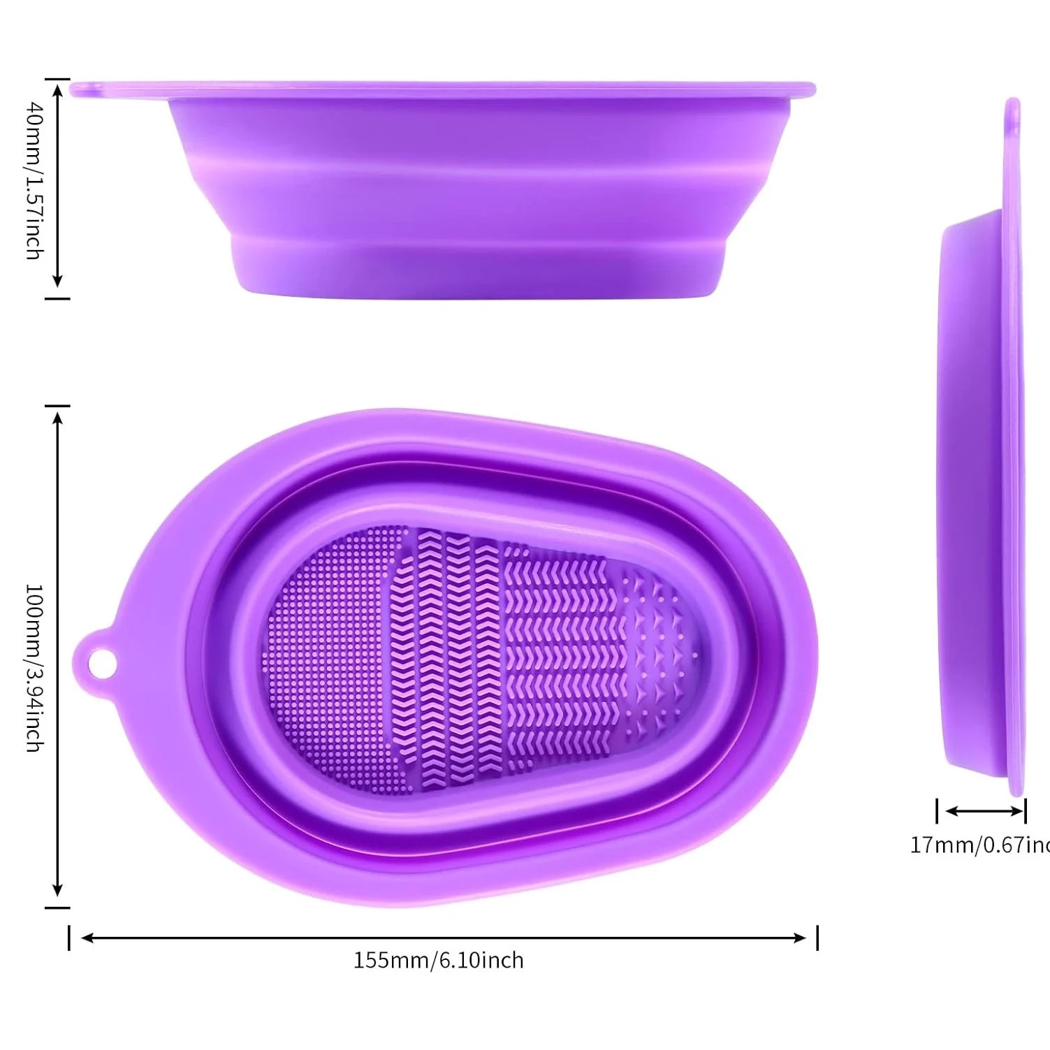Dispozitiv manual de curatare pensule de machiaj BrushCleaner Basin Doty®, din silicon, cu 4 tipuri de striatii, tip cadita, portabil, pliabil, 15x10, mov – imagine 5