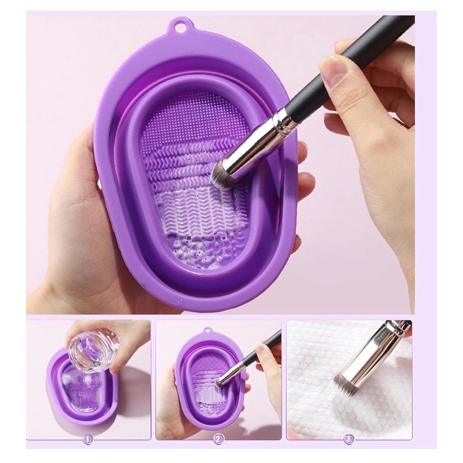 Dispozitiv manual de curatare pensule de machiaj BrushCleaner Basin Doty®, din silicon, cu 4 tipuri de striatii, tip cadita, portabil, pliabil, 15x10, mov – imagine 6