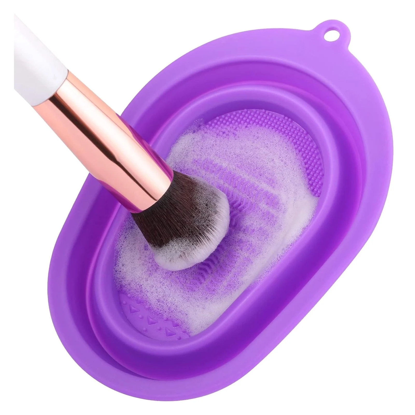 Dispozitiv manual de curatare pensule de machiaj BrushCleaner Basin Doty®, din silicon, cu 4 tipuri de striatii, tip cadita, portabil, pliabil, 15x10, mov