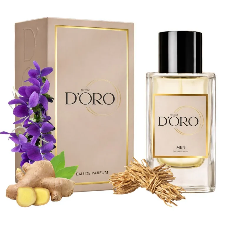 Apa de Parfum pentru barbati D'oro M123 Essence, cu vetiver, ghimbir si violete, aromatic-lemnos, miros rafinat, fresh, versatil si echilibrat, 50ml