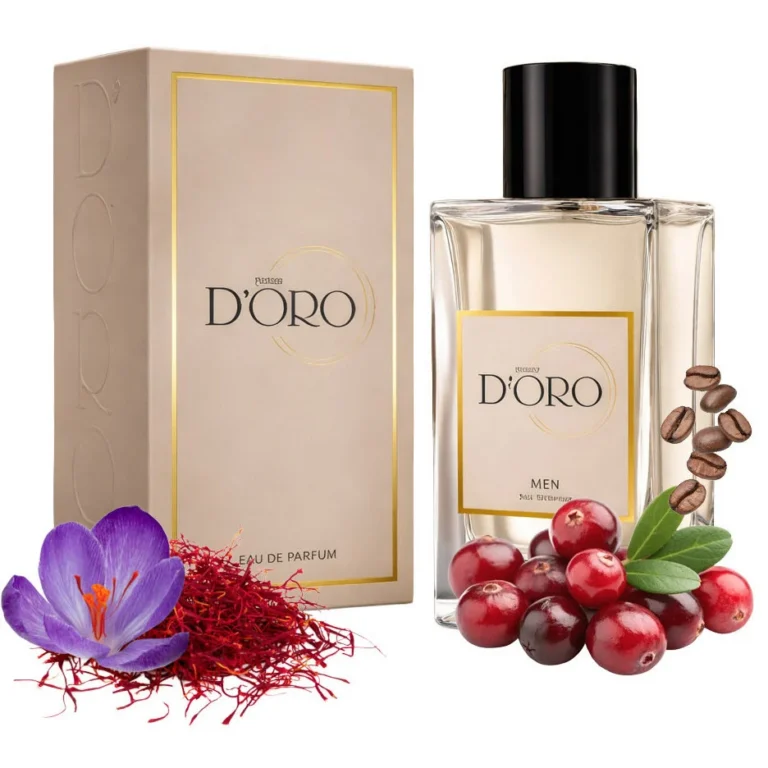 Apa de Parfum pentru barbati D'oro M132 Red Scent, cu merisoare, lamaie, sofran si cafea, aromatic-lemnos, miros acidulat, vibrant si captivant, 100ml