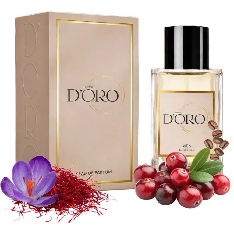Apa de Parfum pentru barbati D'oro M132 Red Scent, cu merisoare, lamaie, sofran si cafea, aromatic-lemnos, miros acidulat, vibrant si captivant, 50ml