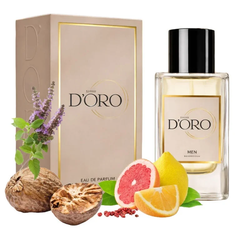 Apa de Parfum pentru barbati D'oro M96 Bleu, cu grepfruit, lamaie, piper roz, nucsoara si patchouli, lemnos-fougère, miros condimentat, intens si fresh, 50ml