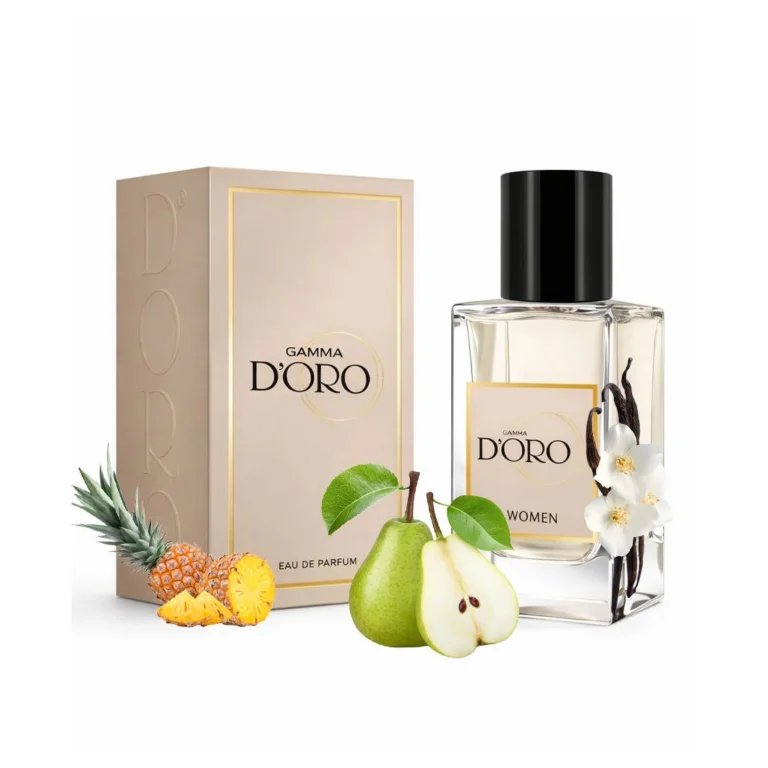 Apa de Parfum pentru femei D'oro W190 Pasione, cu para, ananas, vanilie si iasomie, floral-fructata, miros catifelat, usor acidulat, proaspat si vibrant, 50ml