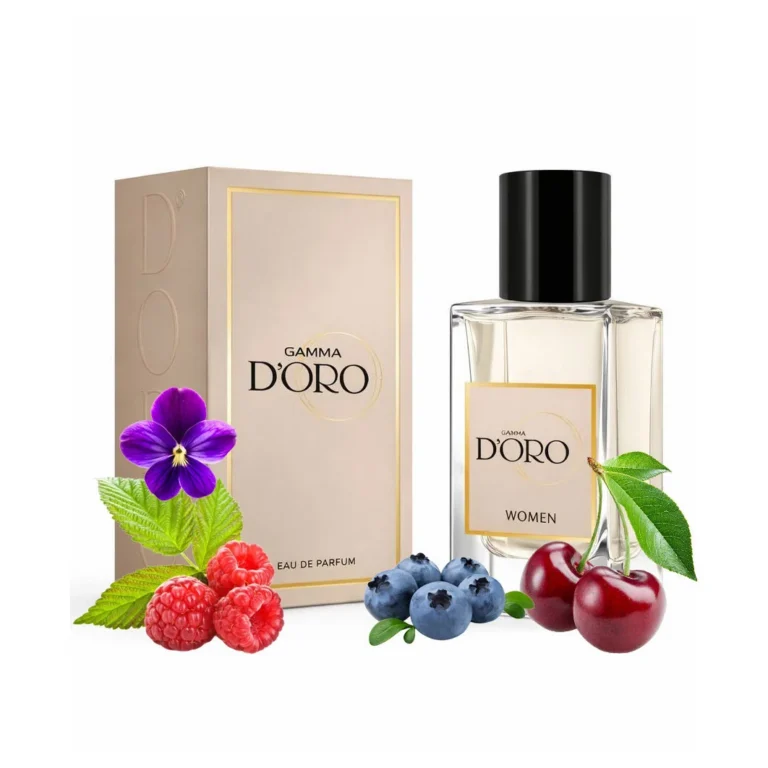 Apa de Parfum pentru femei D'oro W246 Burb Essence, afine, zmeura, cirese, violeta si mosc, floral-fructata, miros vibrant si seducator care aduce energie si optimism, 50ml