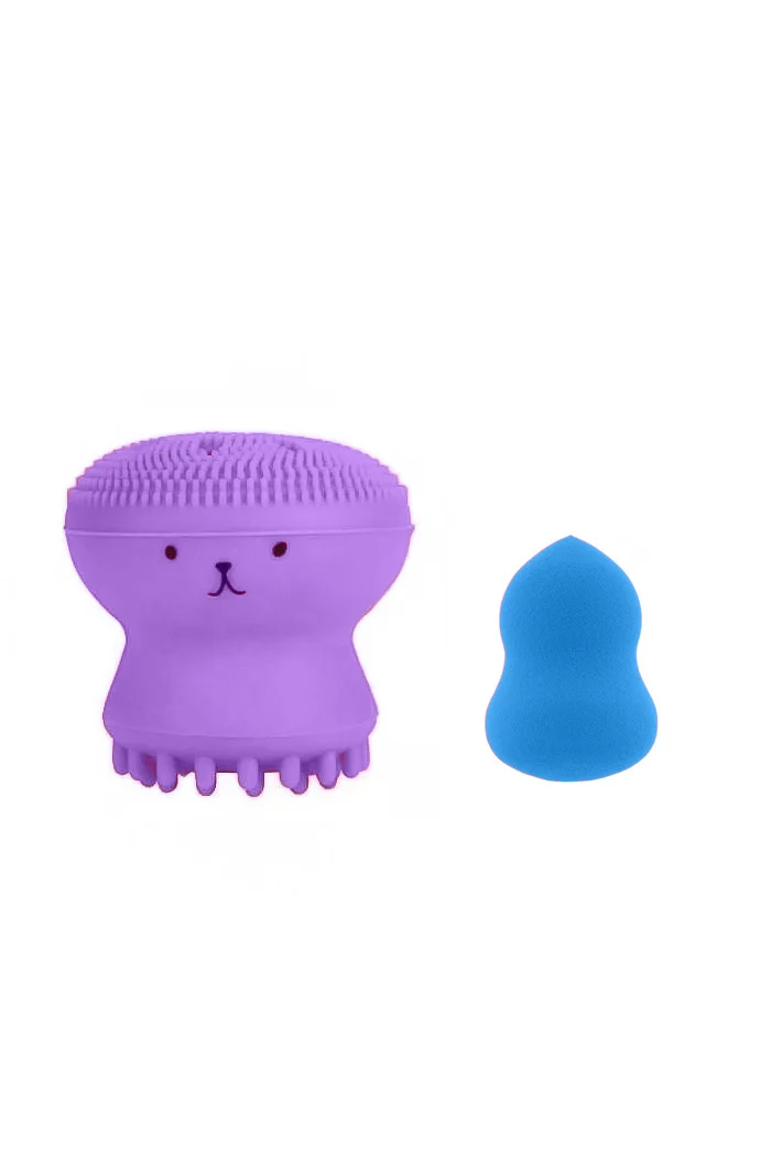 Set Bonita cu buretel cosmetic in forma de para si dispozitiv de curatare faciala, din silicon, mov/albastru, Doty