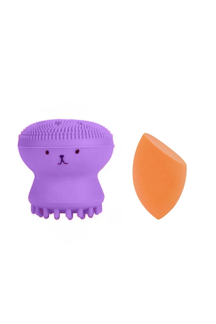 Set Bonita cu buretel cosmetic in forma de ou si dispozitiv de curatare faciala, din silicon, mov/portocaliu, Doty