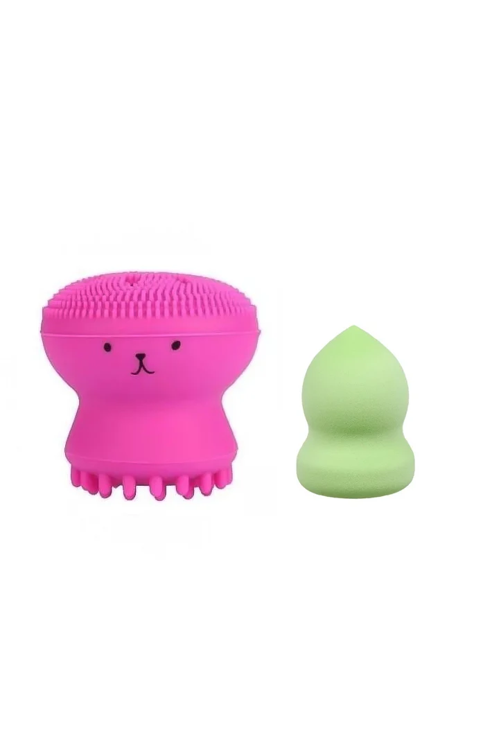 Set Bonita cu buretel cosmetic in forma de para si dispozitiv de curatare faciala, din silicon, roz/verde, Doty