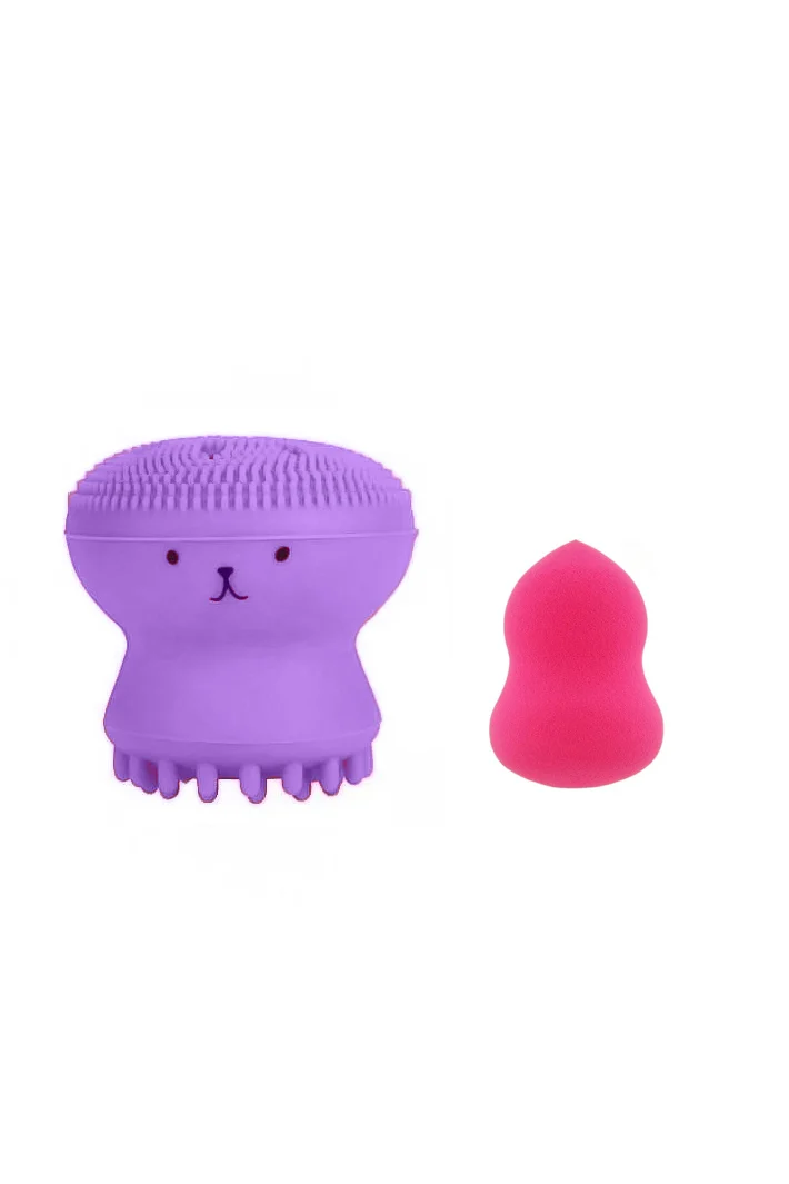 Set Bonita cu buretel cosmetic in forma de para si dispozitiv de curatare faciala, din silicon, mov/roz, Doty